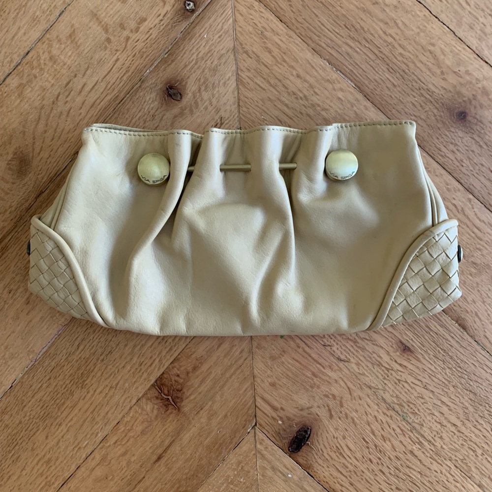 Vintage Via Spiga tan and gold clutch